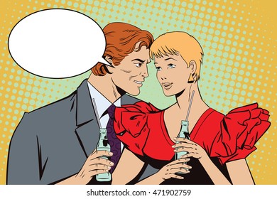 Stock illustration. People in retro style pop art and vintage advertising. Loving couple with bottles of lemonade.