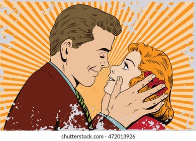 Stock illustration. People in retro style pop art and vintage advertising. Guy wants to kiss a girl. 