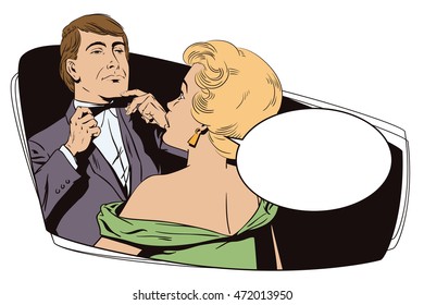Stock illustration. People in retro style pop art and vintage advertising. Proud guy adjusting his bow-tie. Girl terrified by this. 