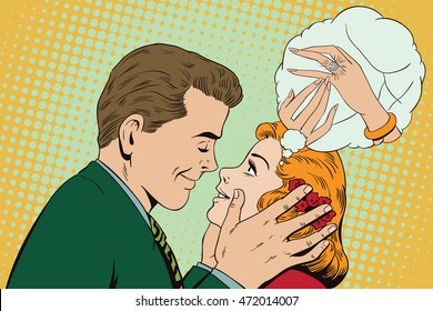 Stock illustration. People in retro style pop art and vintage advertising. Guy wants to kiss a girl. 