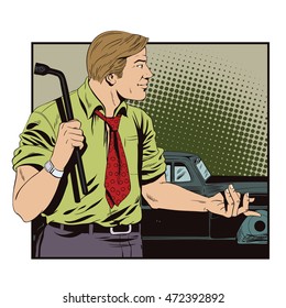 Stock illustration. People in retro style pop art and vintage advertising. Man with a tool to replace car wheels.