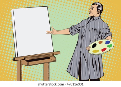 Stock illustration. People in retro style pop art and vintage advertising. Artist shows off his painting.