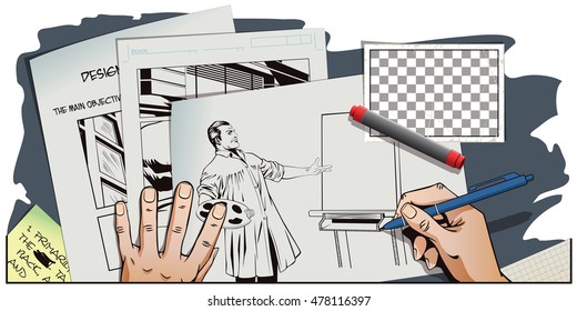 Stock illustration. People in retro style pop art and vintage advertising. Artist shows off his painting. Hand paints picture.