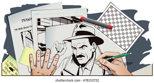 Stock illustration. People in retro style pop art and vintage advertising. Detective of classic crime films. Hand paints picture.