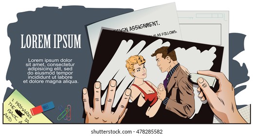 Stock illustration. People in retro style pop art and vintage advertising. Dancing couple. Hand paints picture.