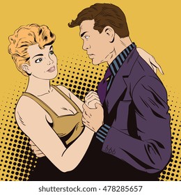 Stock illustration. People in retro style pop art and vintage advertising. Dancing couple. 