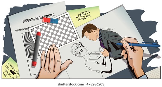 Stock illustration. People in retro style pop art and vintage advertising. Dancing couple. Hand paints picture.