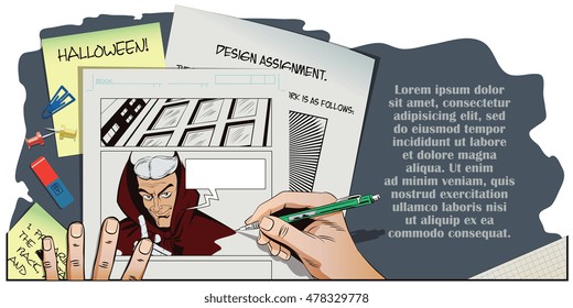 Stock illustration. People in retro style pop art and vintage advertising. Satan reminds about Halloween. Hand paints picture.