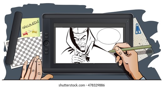 Stock illustration. People in retro style pop art and vintage advertising. Satan reminds about Halloween. Hand paints picture on tablet.