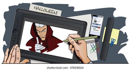 Stock illustration. People in retro style pop art and vintage advertising. Satan reminds about Halloween. Hand paints picture on tablet.