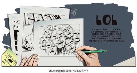 Stock illustration. People in retro style pop art and vintage advertising. Laughing man. Hand paints picture