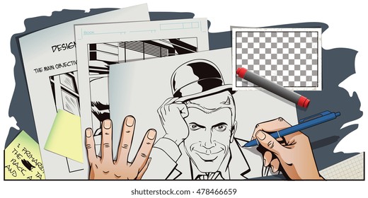 Stock illustration. People in retro style pop art and vintage advertising. Devil welcome gesture. Hand paints picture.