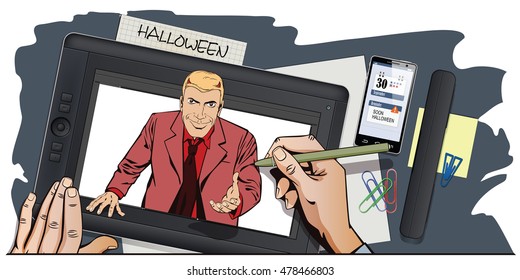 Stock illustration. People in retro style pop art and vintage advertising. Devil welcome gesture. Hand paints picture on tablet.