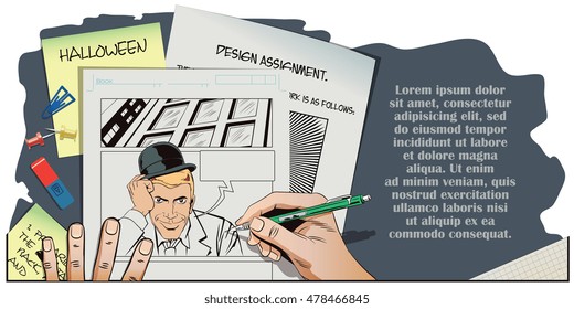 Stock illustration. People in retro style pop art and vintage advertising. Devil welcome gesture. Hand paints picture.