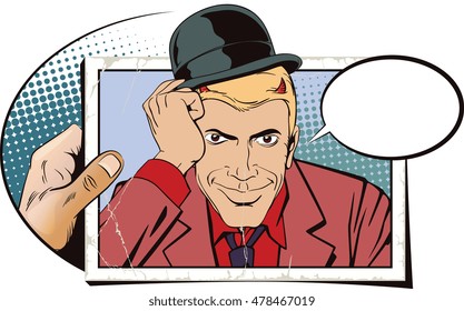 Stock illustration. People in retro style pop art and vintage advertising. Devil welcome gesture. Hand with photo.