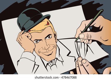 Stock illustration. People in retro style pop art and vintage advertising. Devil welcome gesture. Hand paints picture.