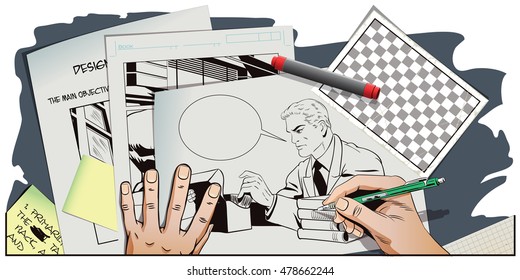 Stock illustration. People in retro style pop art and vintage advertising. Man looks paper files. Hand paints picture.