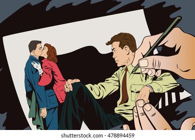 Stock illustration. People in retro style pop art and vintage advertising. Man watching kissing couple. Hand paints picture.