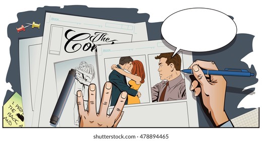Stock illustration. People in retro style pop art and vintage advertising. Man watching kissing couple. Hand paints picture.