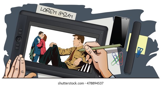 Stock illustration. People in retro style pop art and vintage advertising. Man watching kissing couple. Hand paints picture on tablet.