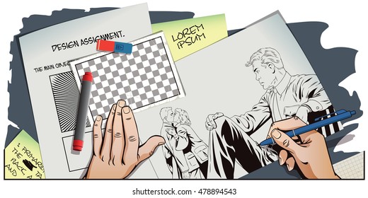Stock illustration. People in retro style pop art and vintage advertising. Man watching kissing couple. Hand paints picture.