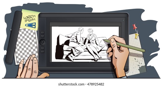 Stock illustration. People in retro style pop art and vintage advertising. Young couple sitting on couch and talking. Hand paints picture on tablet.