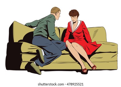 Stock Illustration. People In Retro Style Pop Art And Vintage Advertising. Young Couple Sitting On Couch And Talking. 