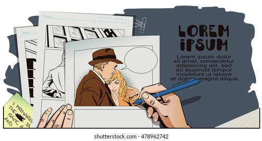 Stock illustration. People in retro style pop art and vintage advertising. Father and daughter, sad young girl resting on her father's shoulder. Hand paints picture.