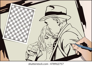 Stock illustration. People in retro style pop art and vintage advertising. Father and daughter, sad young girl resting on her father's shoulder. Hand paints picture.