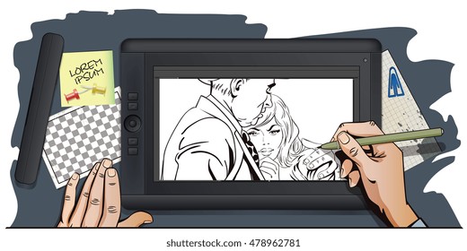 Stock illustration. People in retro style pop art and vintage advertising. Father and daughter, sad young girl resting on her father's shoulder. Hand paints picture on tablet.