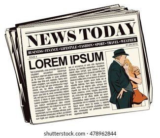 Stock illustration. People in retro style pop art and vintage advertising. Father and daughter, sad young girl resting on her father's shoulder. Newspaper article.
