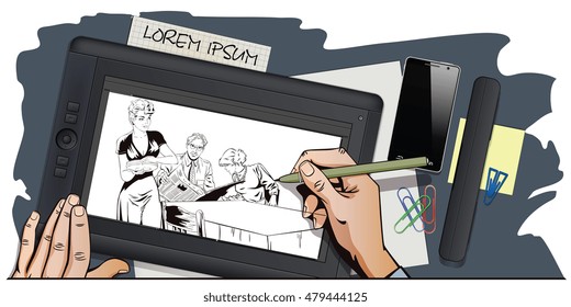 Stock illustration. People in retro style pop art and vintage advertising. Family going to eat. Hand paints picture on tablet.