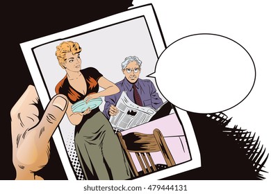 Stock illustration. People in retro style pop art and vintage advertising. Family going to eat. Hand with photo.