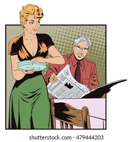 Stock illustration. People in retro style pop art and vintage advertising. Family going to eat.