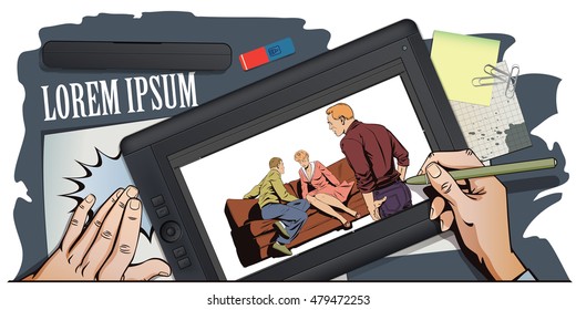 Stock illustration. People in retro style. Young couple sitting on couch and talking. Other guy looks at them. Hand paints picture on tablet.