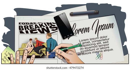 Stock illustration. People in retro style. Young couple sitting on couch and talking. Other guy looks at them. Hand paints picture.