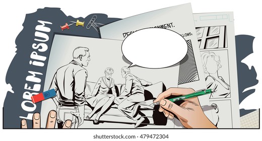 Stock illustration. People in retro style. Young couple sitting on couch and talking. Other guy looks at them. Hand paints picture.