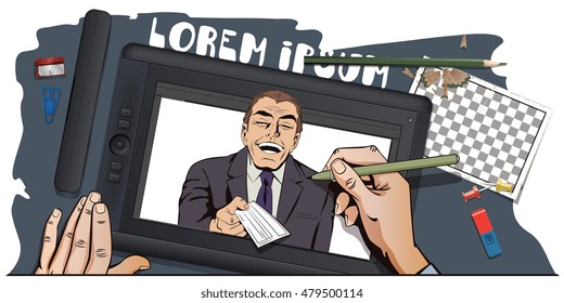 Stock illustration. People in retro style pop art and vintage advertising. Laughing man with bank check. Hand paints picture on tablet.