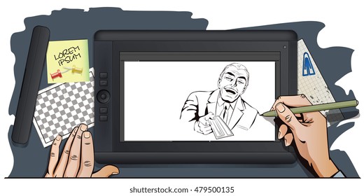 Stock illustration. People in retro style pop art and vintage advertising. Laughing man with bank check. Hand paints picture on tablet.
