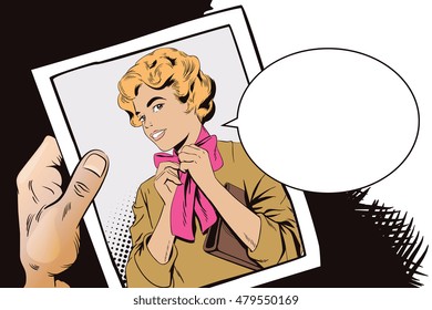 Stock illustration. People in retro style pop art and vintage advertising. Young girl ties a scarf on the neck. Hand with photo.
