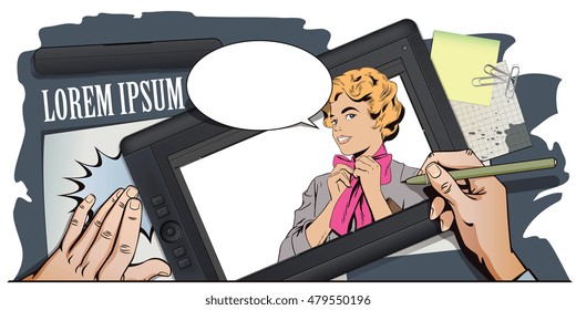 Stock illustration. People in retro style pop art and vintage advertising. Young girl ties a scarf on the neck. Hand paints picture on tablet.