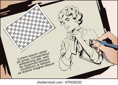 Stock illustration. People in retro style pop art and vintage advertising. Young girl ties a scarf on the neck. Hand paints picture.