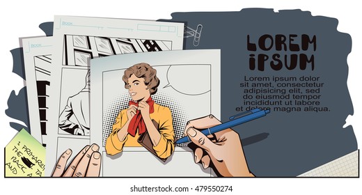 Stock illustration. People in retro style pop art and vintage advertising. Young girl ties a scarf on the neck. Hand paints picture.
