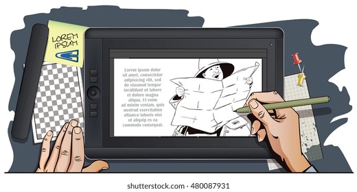 Stock illustration. People in retro style pop art and vintage advertising. Traveler man searching right direction on map. Hand paints picture on tablet.