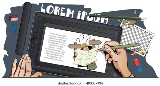 Stock illustration. People in retro style pop art and vintage advertising. Traveler man searching right direction on map. Hand paints picture on tablet.