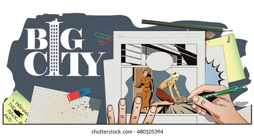 Stock illustration. People in retro style pop art and vintage advertising. Girl collects a suitcase. Family quarrel. Hand paints picture