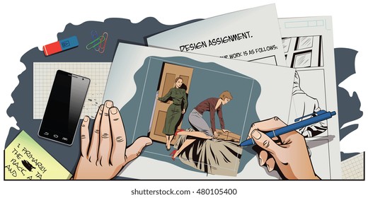 Stock illustration. People in retro style pop art and vintage advertising. Girl collects a suitcase. Family quarrel. Hand paints picture