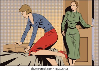 Stock illustration. People in retro style pop art and vintage advertising. Girl collects a suitcase. Family quarrel.