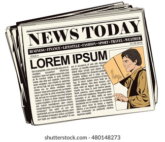 Stock illustration. People in retro style pop art and vintage advertising. Delivery man with a parcel. Newspaper article.