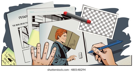Stock illustration. People in retro style pop art and vintage advertising. Delivery man with a parcel. Hand paints picture.